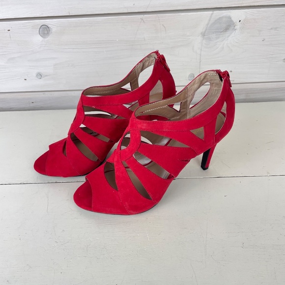 Style & Co Red Suede Open Toe Strappy Heels - Picture 1 of 8